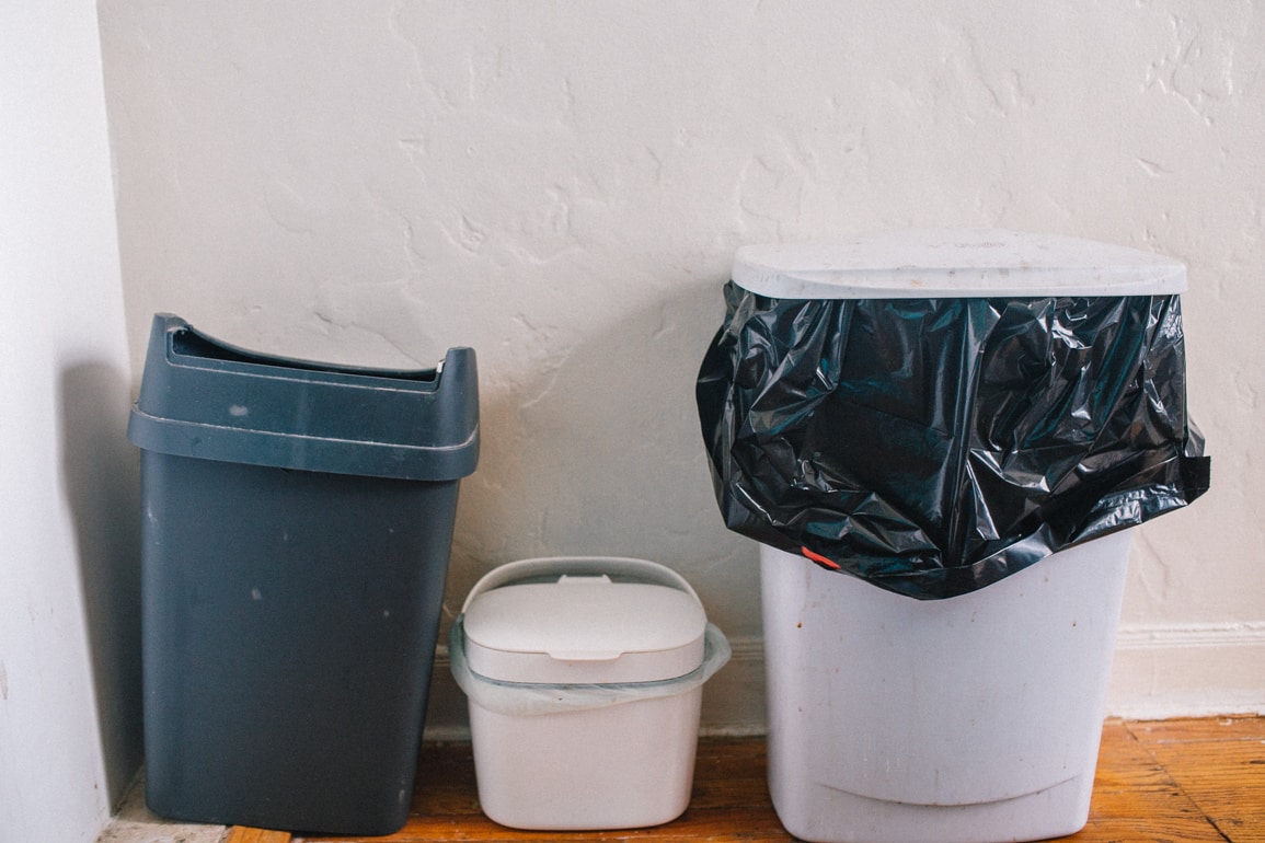 trash can, compost bin and recycle bin